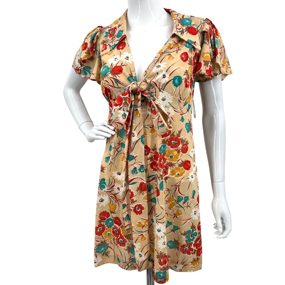 Vintage 70s Floral Puff Sleeve Dress Beige Multicolor‎ Size 9 With Tie Front